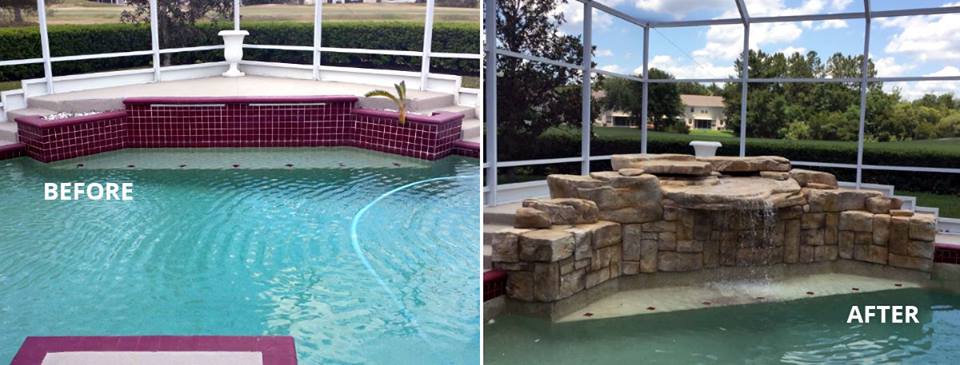 antes y después de piscina reformada con cascada artificial